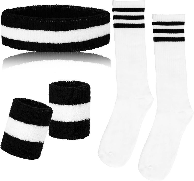 Sucrain 5 Pieces Striped Sweatbands and Socks Set, Sports Sweatbands Wrist Sweat Bands Red, White& Blue High Tube Socks 80s Accessories Costumes for Men Women - Image 1